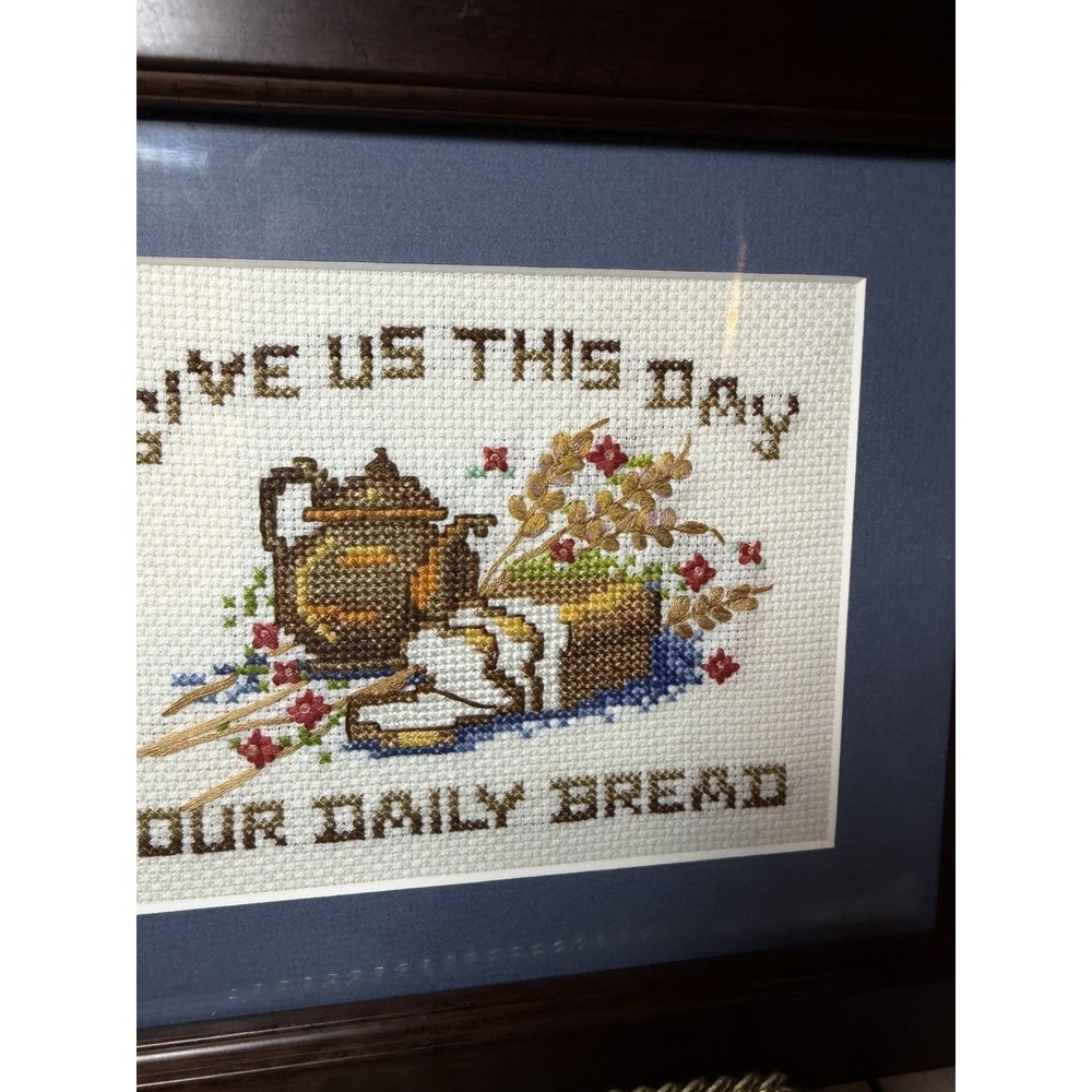 Vtg Professional Framed Cross Stitch Give Us This Day Our Daily Bread 1982 11x9 - Picture 3 of 7